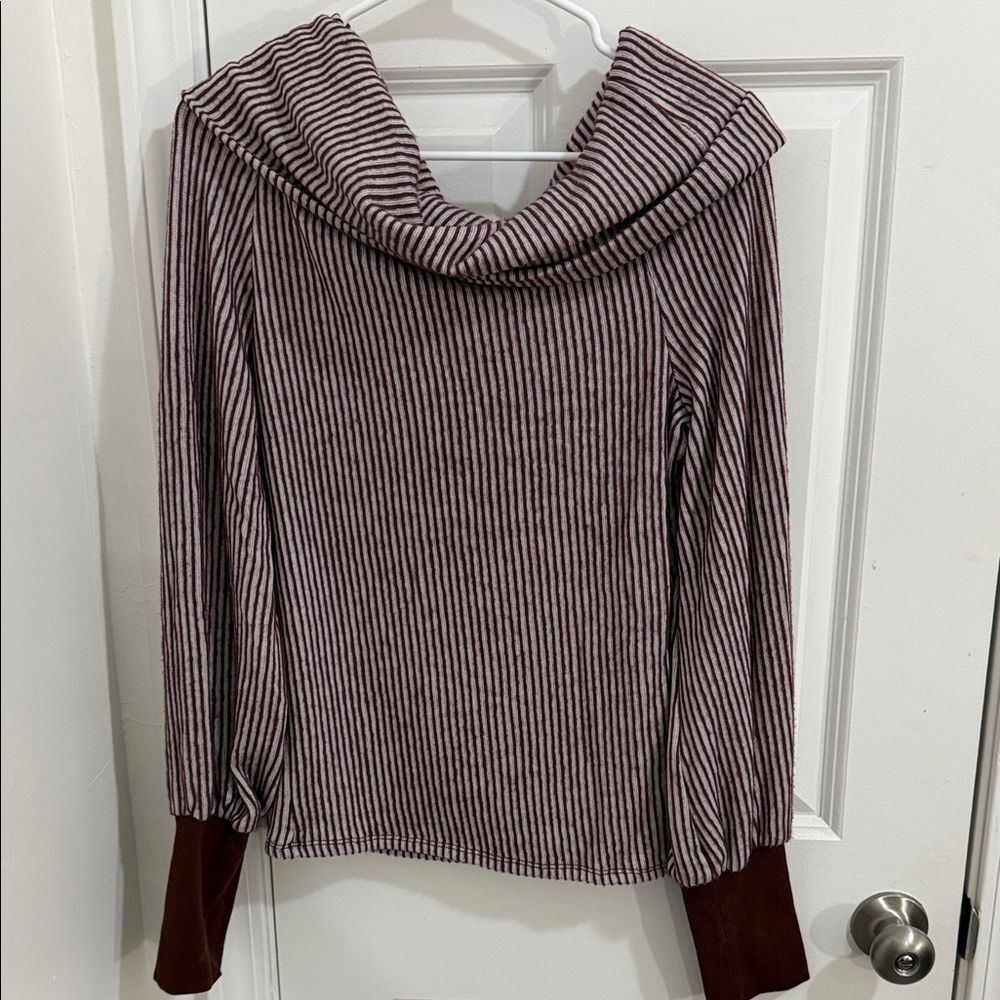 Anthropologie Burgundy and White Striped Off Shoulder Sweater Size Large NWT